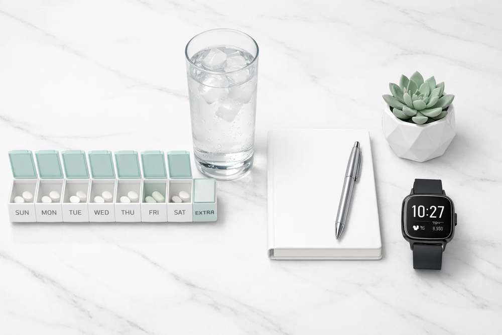 Οργανωμένη πρωινή ρουτίνα ευεξίας με pill organizer, νερό και σημειωματάριο σε καθαρή μαρμάρινη επιφάνεια, συμβολίζοντας τη δύναμη των καθημερινών συνηθειών