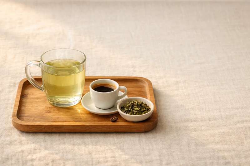 Ποτήρι πράσινου τσαγιού και φλιτζάνι espresso σε ξύλινο δίσκο — ρόφηματα που ενισχύουν τον μεταβολισμό